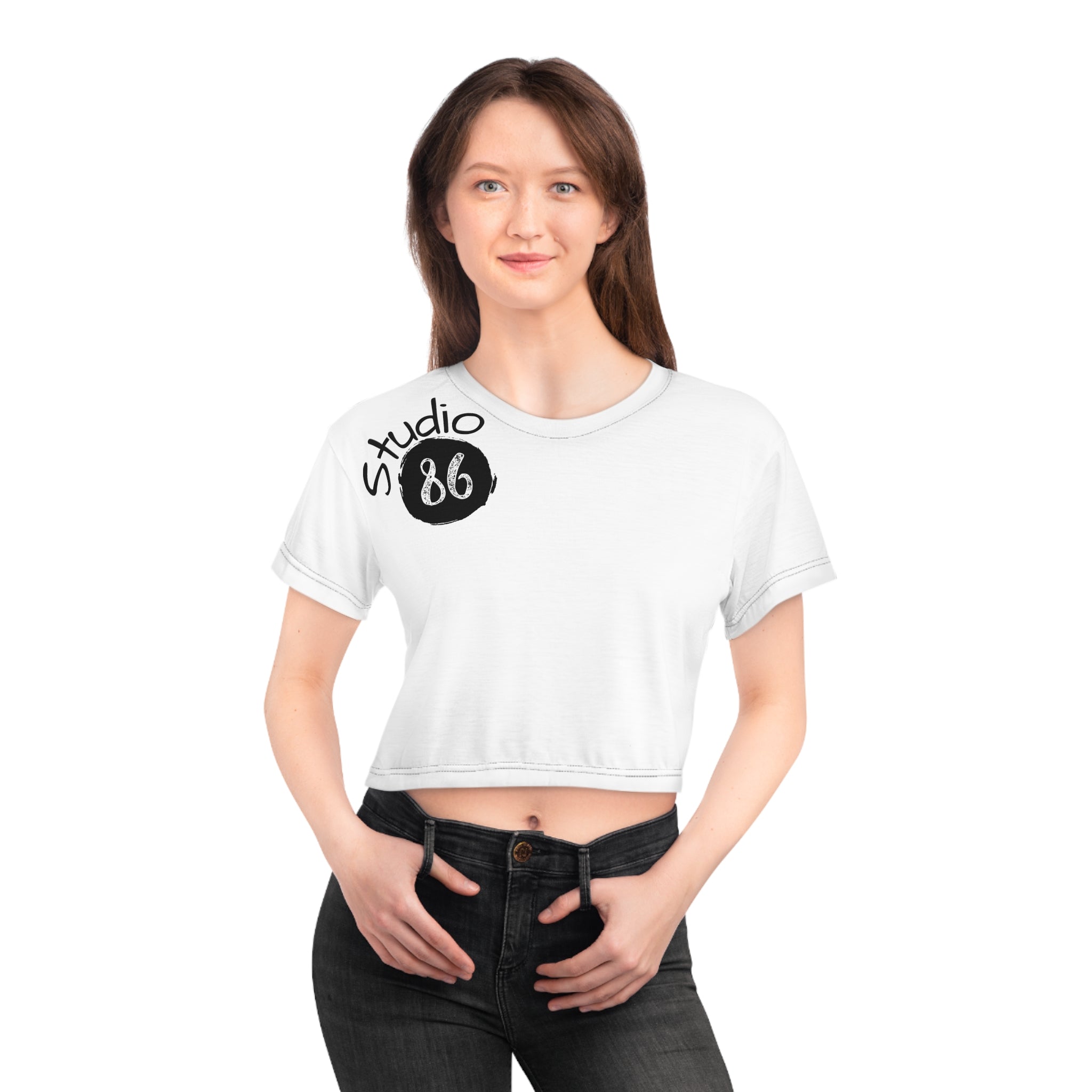 Studio86 Crop Tee | Retro Script Logo, Athletic Badge