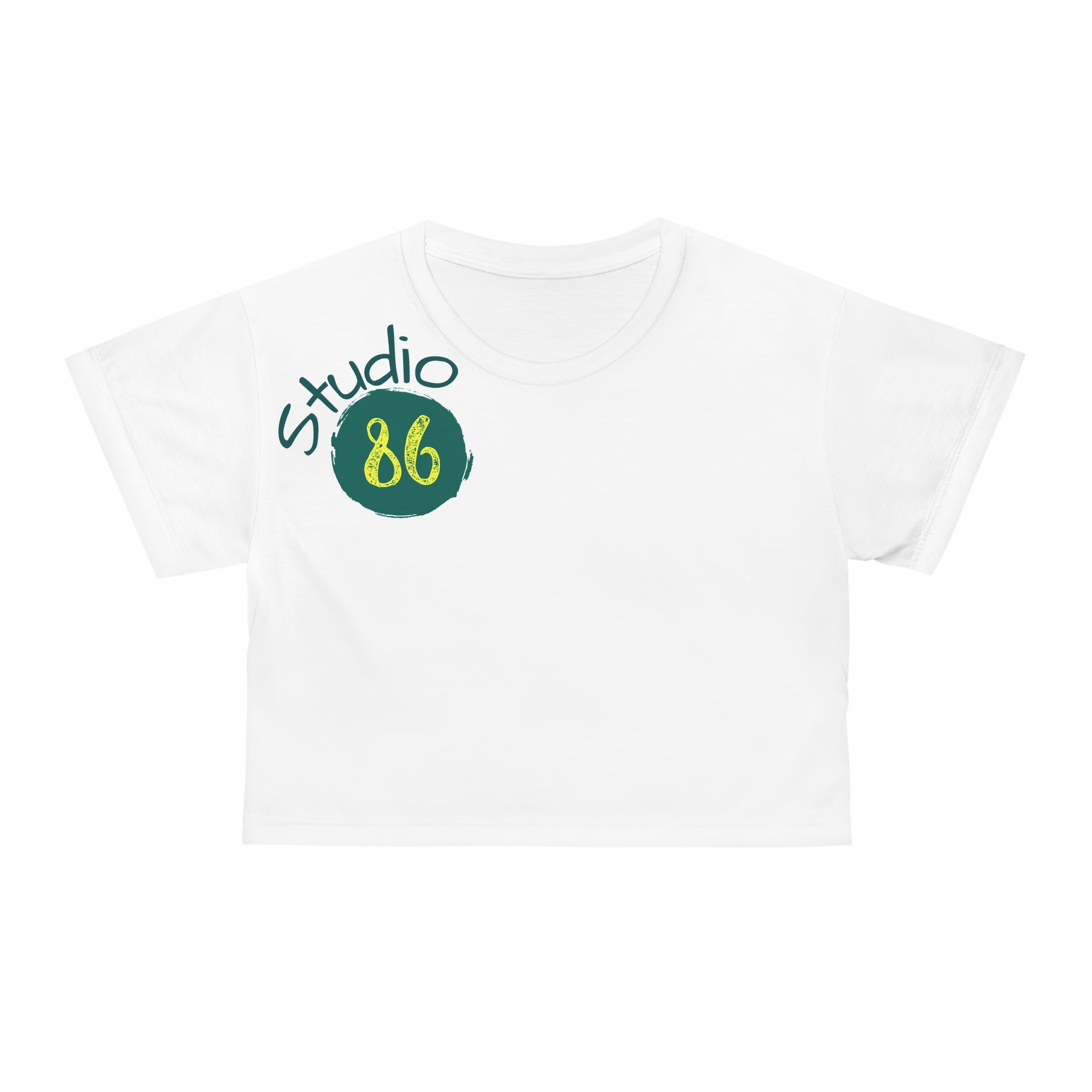 Studio86 Crop Tee | Retro Script Logo, Athletic Badge