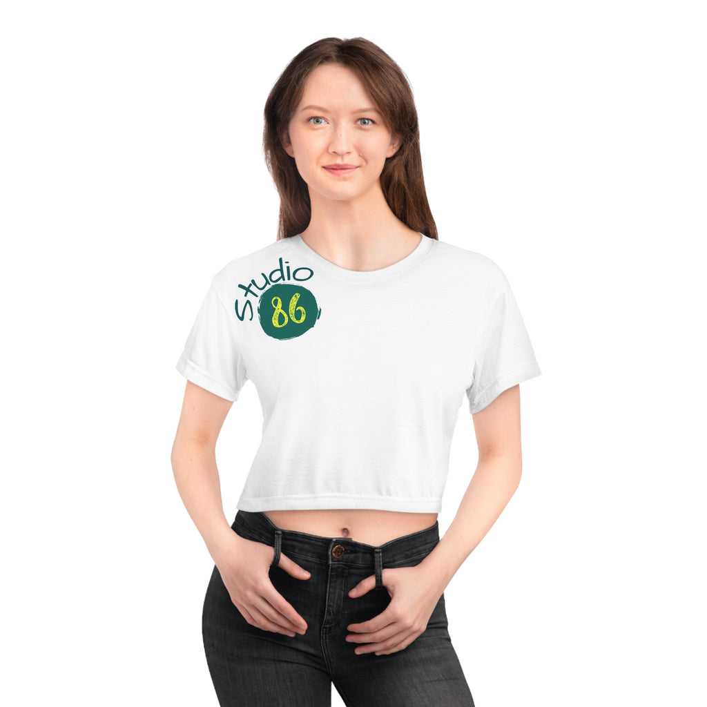Studio86 Crop Tee | Retro Script Logo, Athletic Badge