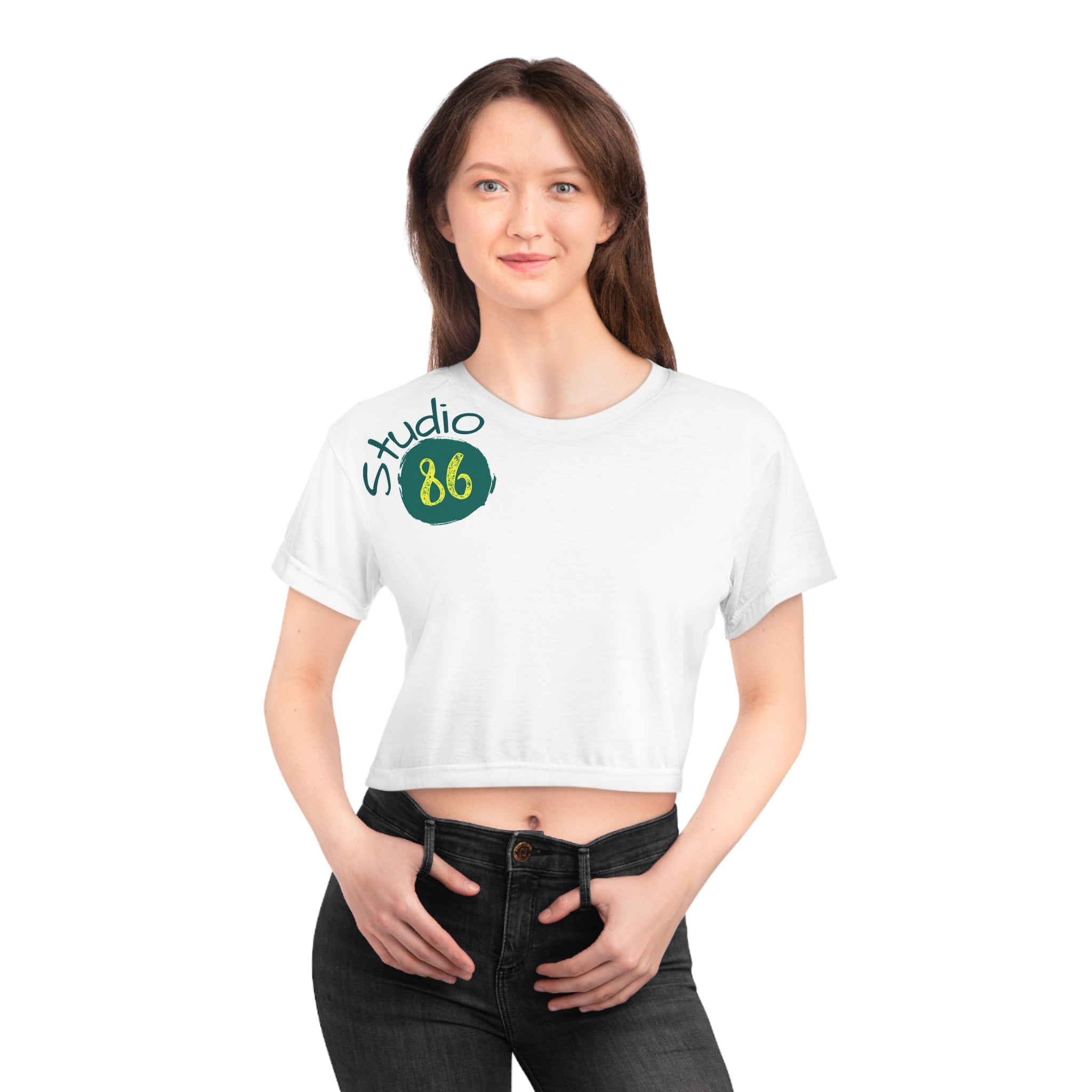 Studio86 Crop Tee | Retro Script Logo, Athletic Badge
